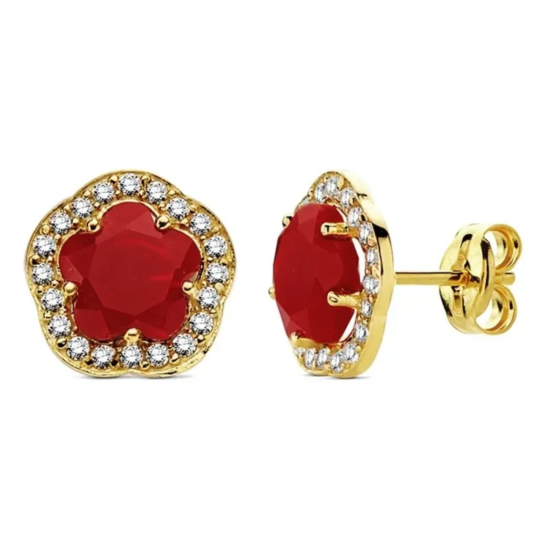 Pendientes oro 18k flor piedra roja circonitas 9mm. [AB3316]