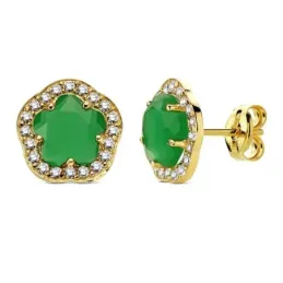 Pendientes oro 18k flor piedra verde circonitas 9mm. [AB3317]
