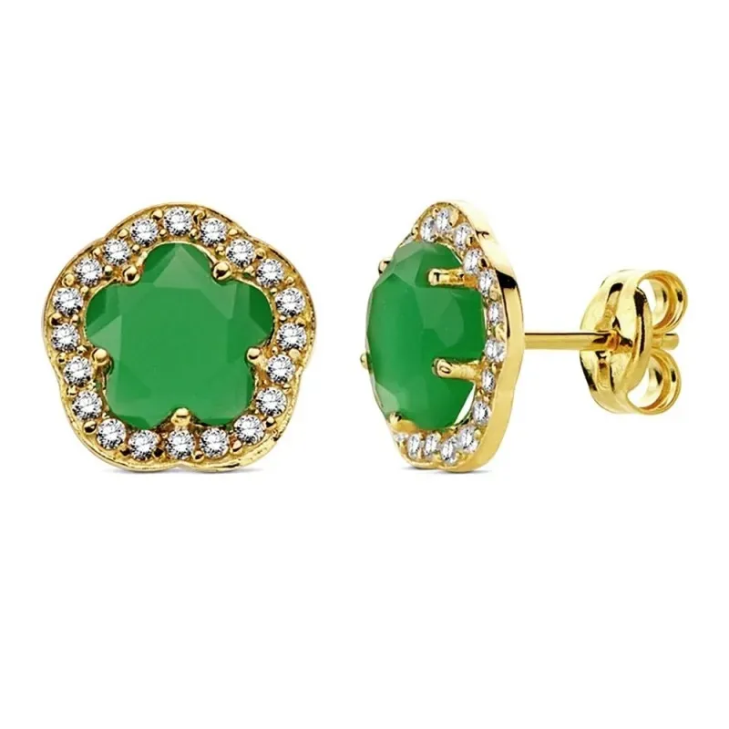 Pendientes oro 18k flor piedra verde circonitas 9mm. [AB3317]