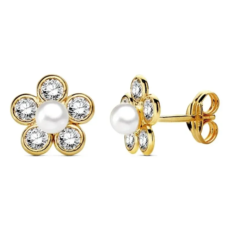 Pendientes oro 18k flor perla circonitas 9mm. [AB3324]