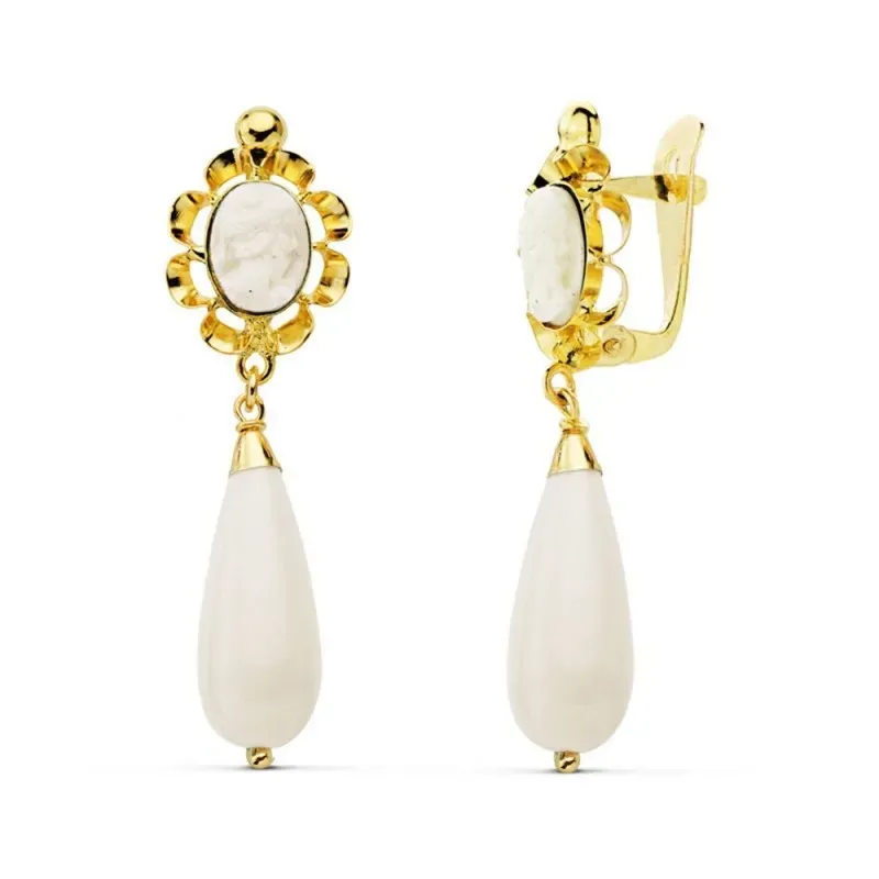 Pendientes oro 18k lágrima marfil camafeo [AB4189]