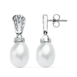 Pendientes oro blanco 18k perlas cultivadas 26mm. circonitas [AB4610]