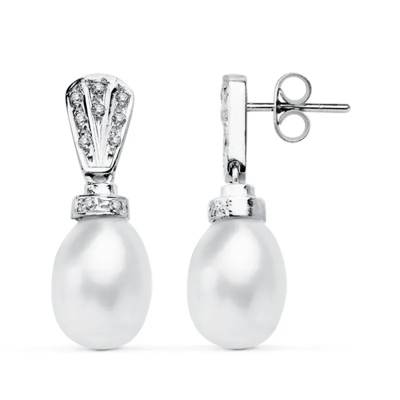 Pendientes oro blanco 18k perlas cultivadas 26mm. circonitas [AB4610]