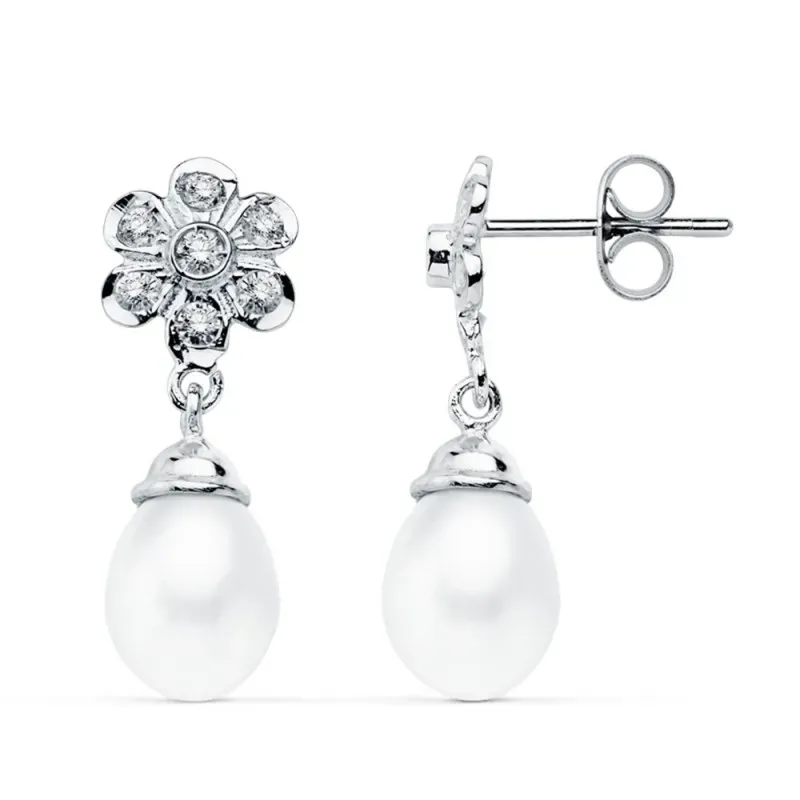 Pendientes oro blanco 18k largos perlas 23mm. circonitas [AB4631]
