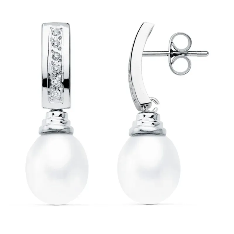 Pendientes oro blanco 18k perlas cultivadas 27mm. circonitas [AB4639]