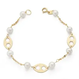 Pulsera oro 18k comunión 17.5mm. perlas 5.5mm flores caladas [AB4647]