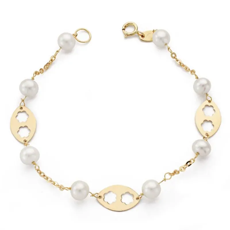 Pulsera oro 18k comunión 17.5mm. perlas 5.5mm flores caladas [AB4647]
