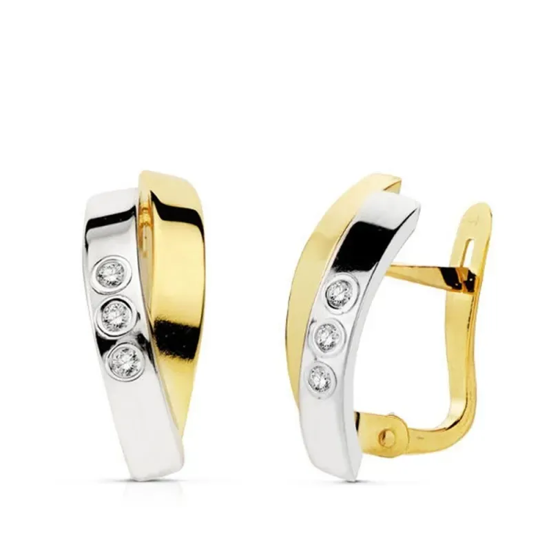 Pendientes oro 18k bicolor bandas circonitas 15mm. [AB4684]