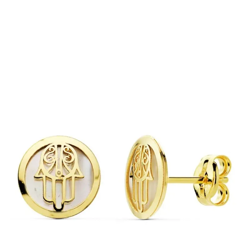 Pendientes oro 18k nácar Mano Fátima 8mm.   [AB4689]
