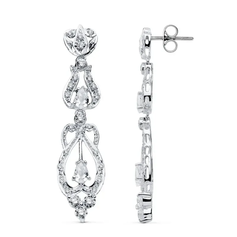 Pendientes oro blanco 18k largos elegantes circonitas  [AB4693]