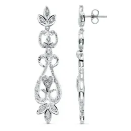 Pendientes oro blanco 18k largos filigrana circonitas  [AB4694]