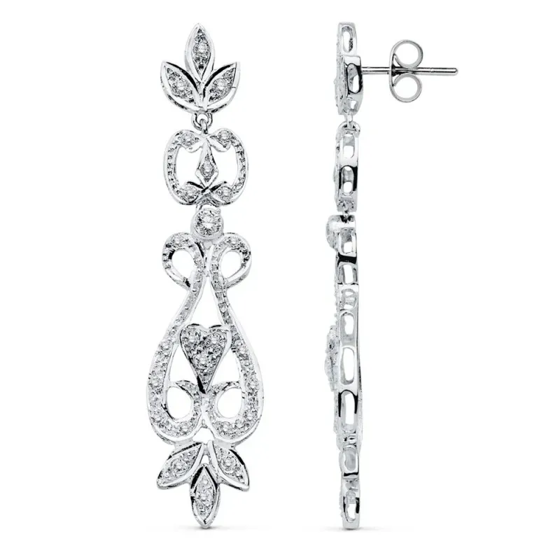 Pendientes oro blanco 18k largos filigrana circonitas  [AB4694]