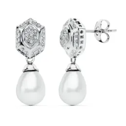Pendientes oro blanco 18k largos perla cultivada circonitas [AB4695]
