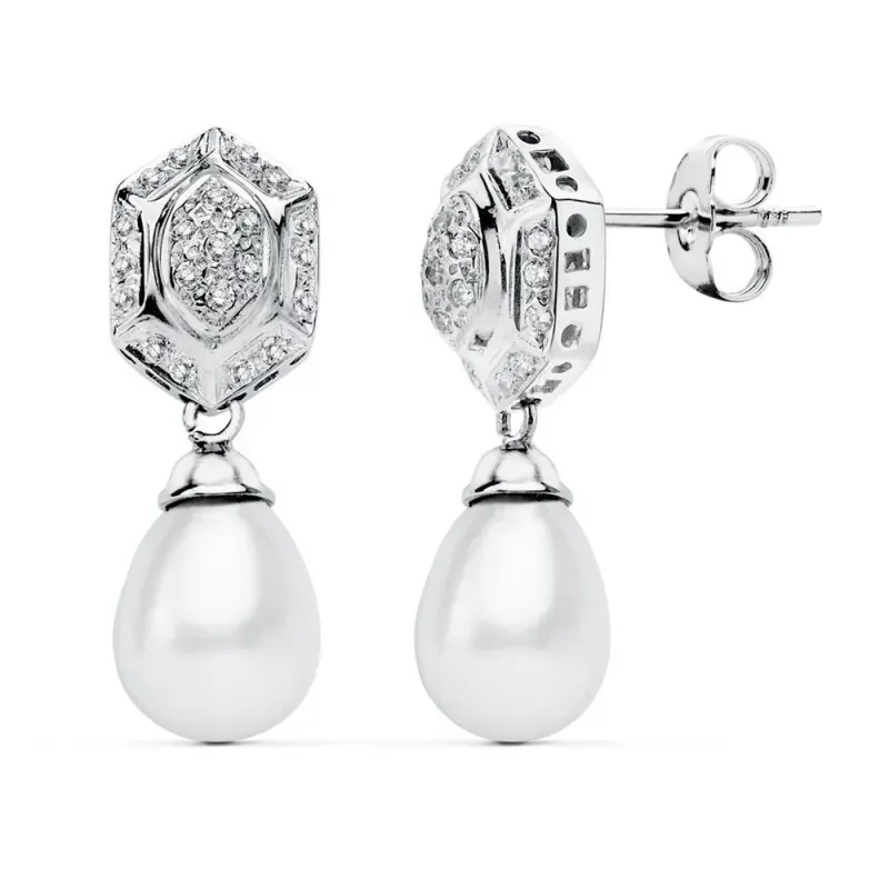 Pendientes oro blanco 18k largos perla cultivada circonitas [AB4695]