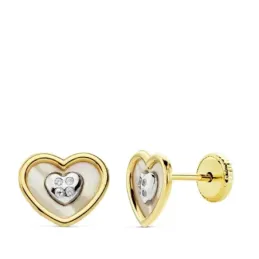 Pendientes oro 18k bicolor corazón nácar circonitas [AB4710]