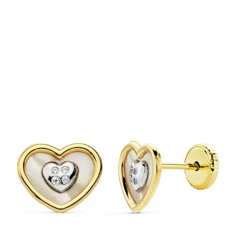 Pendientes oro 18k bicolor corazón nácar circonitas [AB4710]