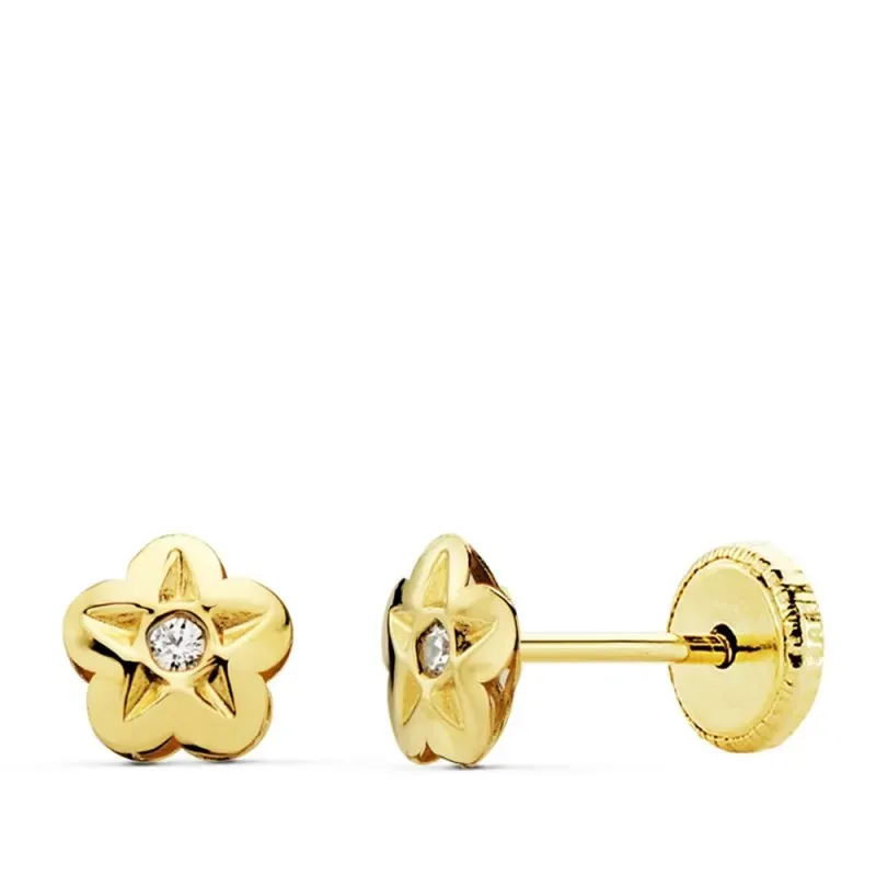 Pendientes oro 18k flor 5mm. centro circonita [AB4714]