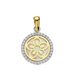 Colgante oro 18k bicolor nácar flor 9mm. circonitas [AB4719]