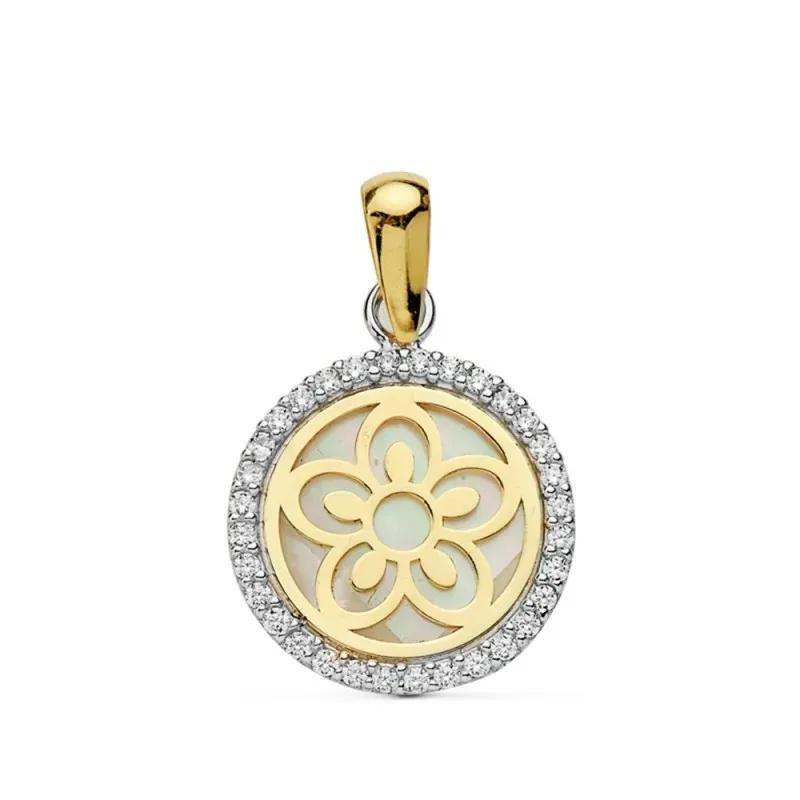 Colgante oro 18k bicolor nácar flor 9mm. circonitas [AB4719]