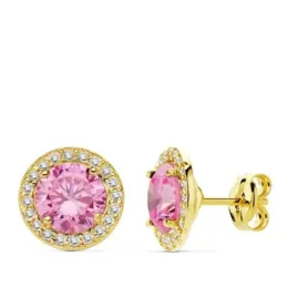 Pendientes oro 18k 9mm. centro piedra rosa circonitas [AB4752]