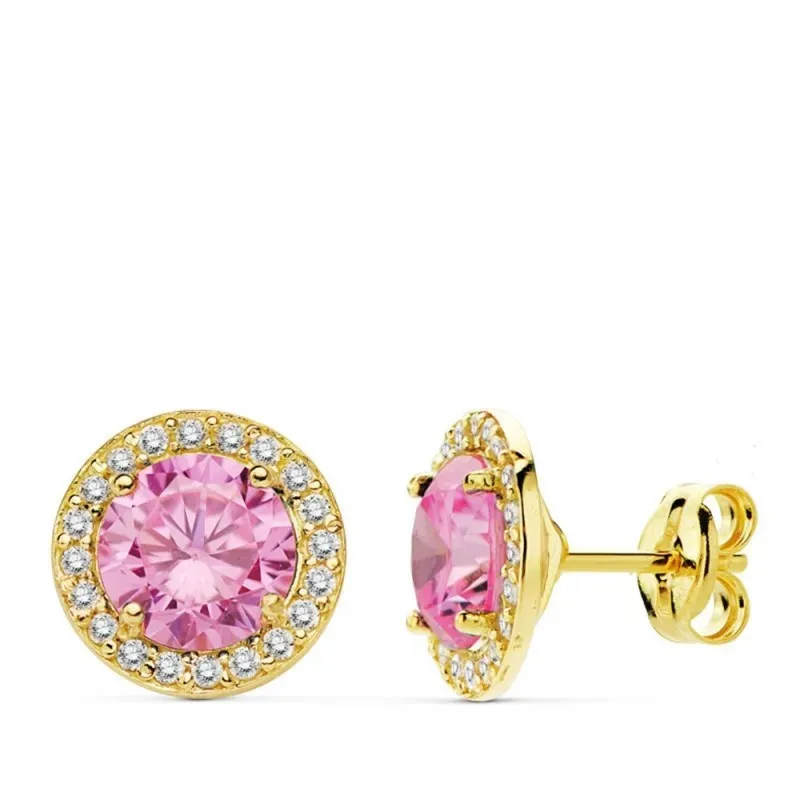 Pendientes oro 18k 9mm. centro piedra rosa circonitas [AB4752]
