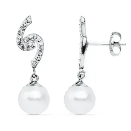Pendientes oro blanco 9k largos 24mm. perlas 8mm. circonitas [AB4841]