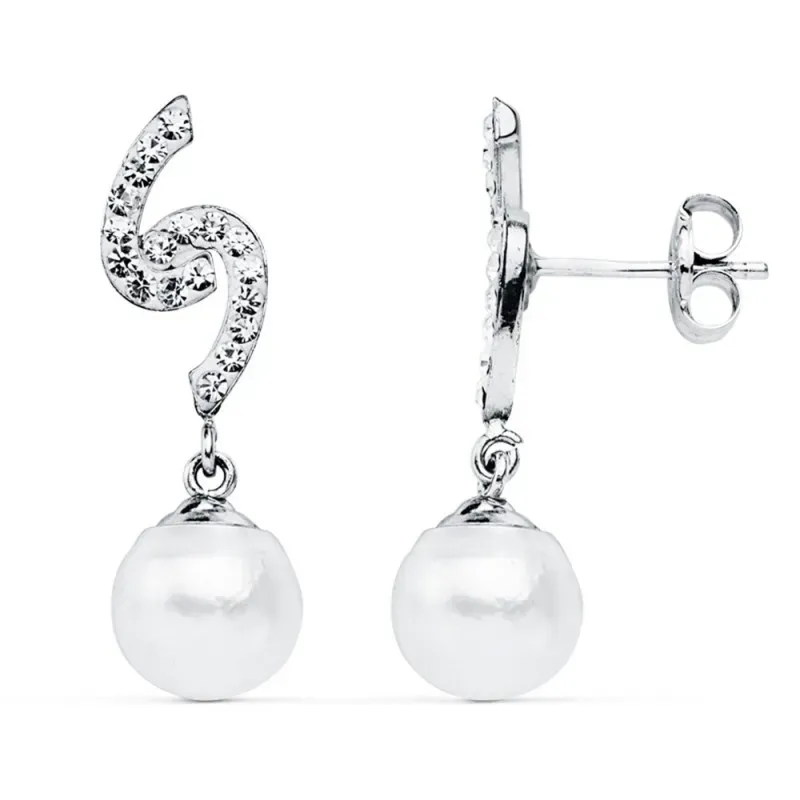 Pendientes oro blanco 9k largos 24mm. perlas 8mm. circonitas [AB4841]