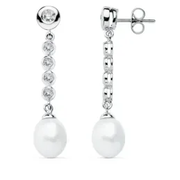 Pendientes oro blanco 9k largos 40mm. perlas circonitas [AB4842]