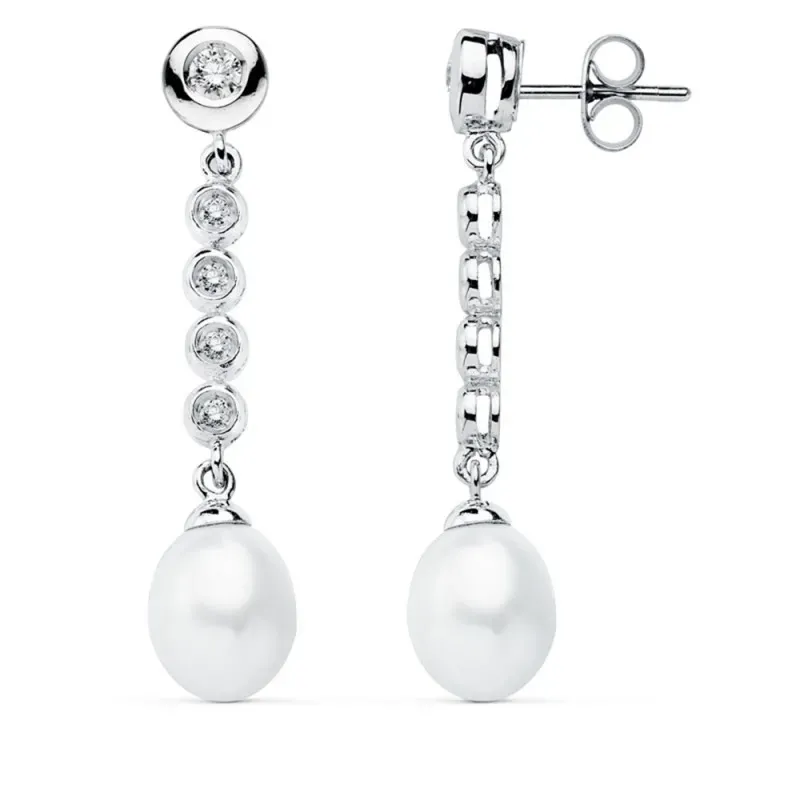 Pendientes oro blanco 9k largos 40mm. perlas circonitas [AB4842]
