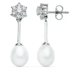 Pendientes oro blanco 9k largos 30mm. perlas circonitas [AB4843]