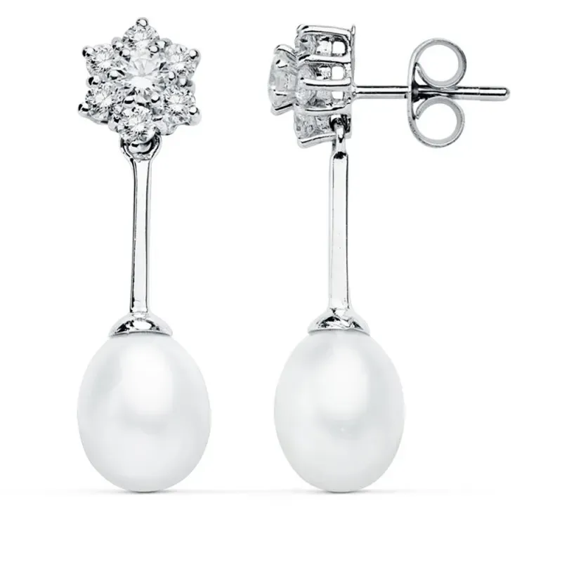 Pendientes oro blanco 9k largos 30mm. perlas circonitas [AB4843]