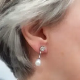 Pendientes oro blanco 9k largos 30mm. perlas circonitas [AB4843]