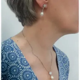 Pendientes oro blanco 9k largos 30mm. perlas circonitas [AB4843]