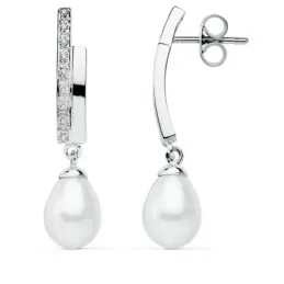 Pendientes oro blanco 9k largos 32mm. perlas circonitas [AB4844]