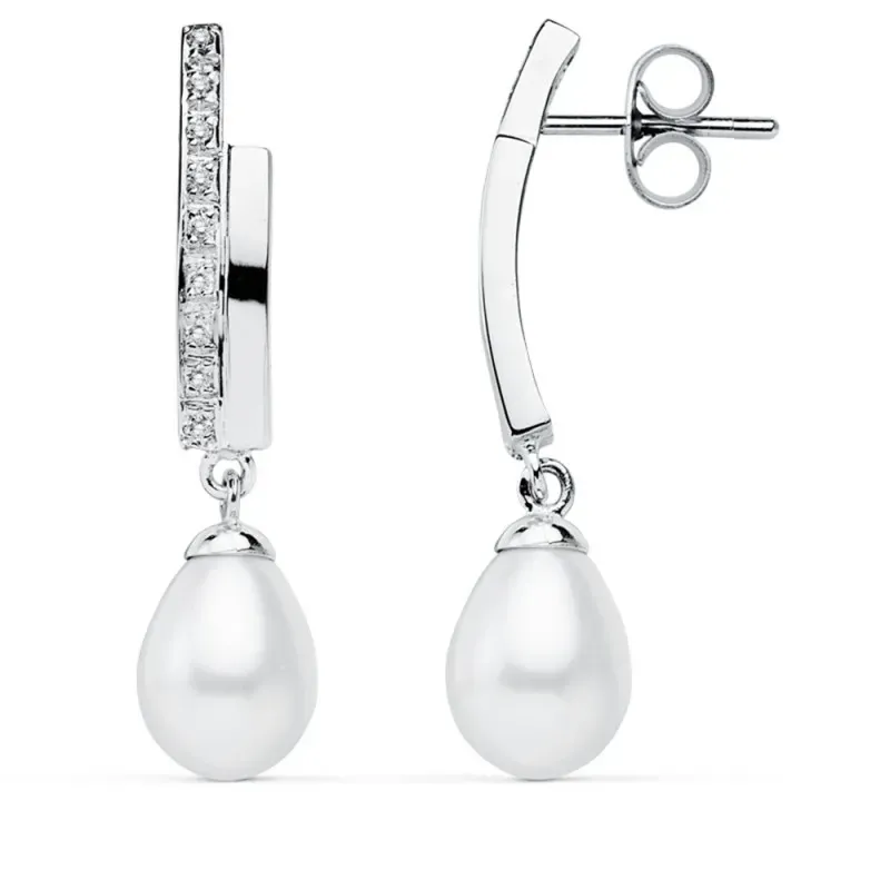 Pendientes oro blanco 9k largos 32mm. perlas circonitas [AB4844]
