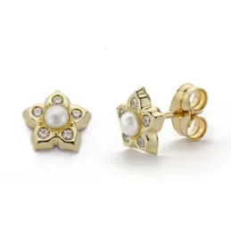 Pendientes oro 9k flor 7.5mm. centro perla circonitas  [AB4848]