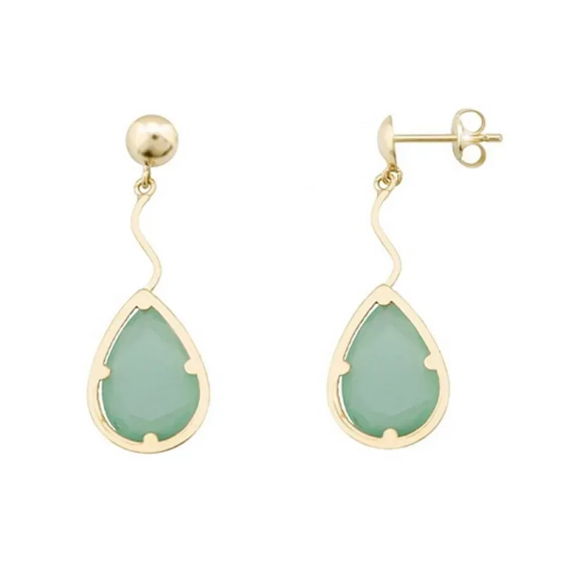 Pendientes oro 18k largos lágrima piedra color verde 12mm. [AB6980]