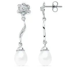Pendientes oro blanco 18k 38mm. perlas cultivadas circonitas [AB8769]