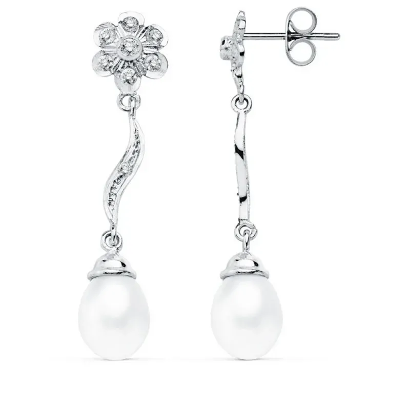 Pendientes oro blanco 18k 38mm. perlas cultivadas circonitas [AB8769]