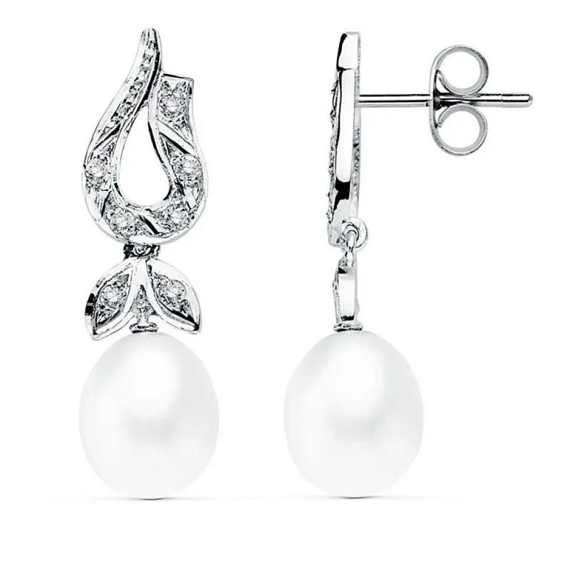 Pendientes oro blanco 18k 26mm. perlas cultivadas circonitas [AB8774]