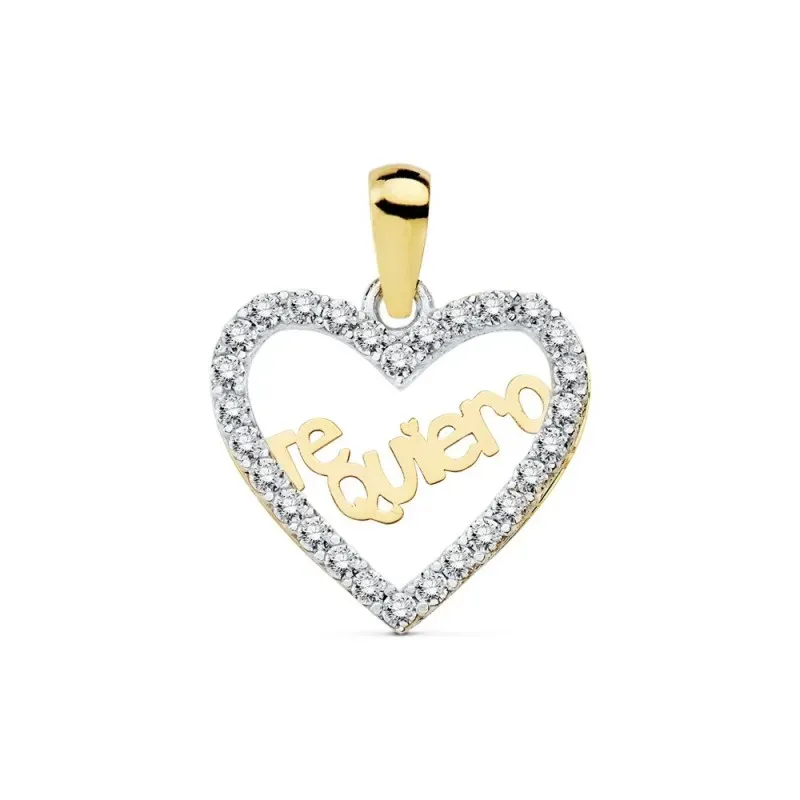 Colgante oro 18k corazón 15mm.TE QUIERO cerco circonitas [AB8807]