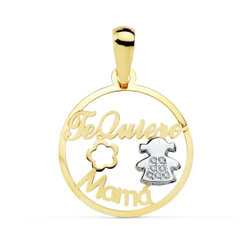 Colgante oro 18k bicolor 18mm. TE QUIERO MAMÁ niña flor [AB8827]
