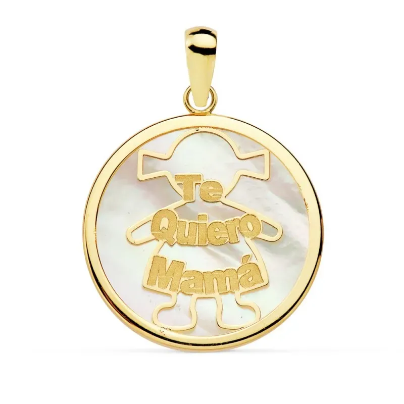 Colgante oro 18k bicolor 20mm. TE QUIERO MAMÁ nácar niña [AB8829]