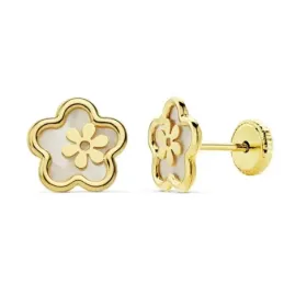 Pendientes oro 18k flor 8mm. niña nácar centro motivo flor [AB8856]