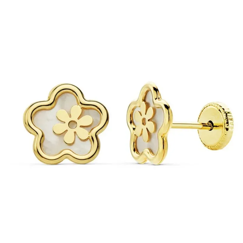 Pendientes oro 18k flor 8mm. niña nácar centro motivo flor [AB8856]