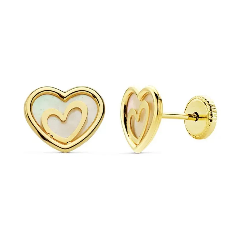 Pendientes oro 18k corazón 9mm. nácar centro motivo corazón [AB8857]