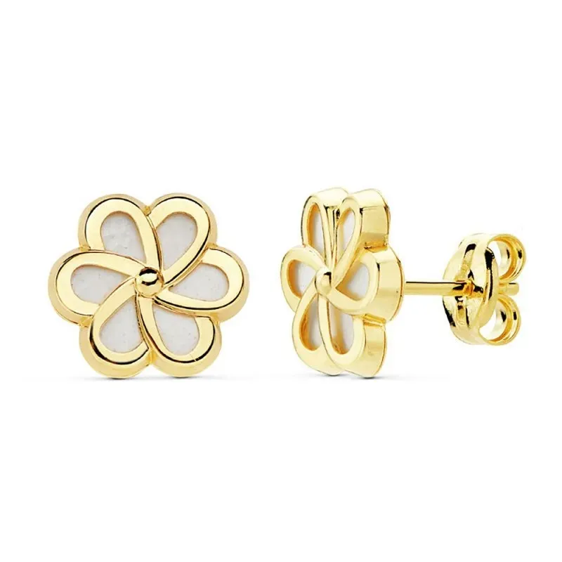 Pendientes oro 18k flor 8mm. nácar motivos pétalos [AB8862]