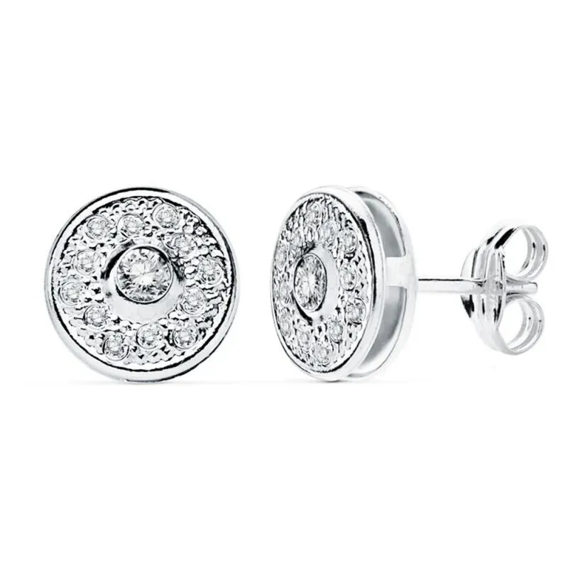 Pendientes oro blanco 18k redondos 8mm. tallados circonitas [AB8863]