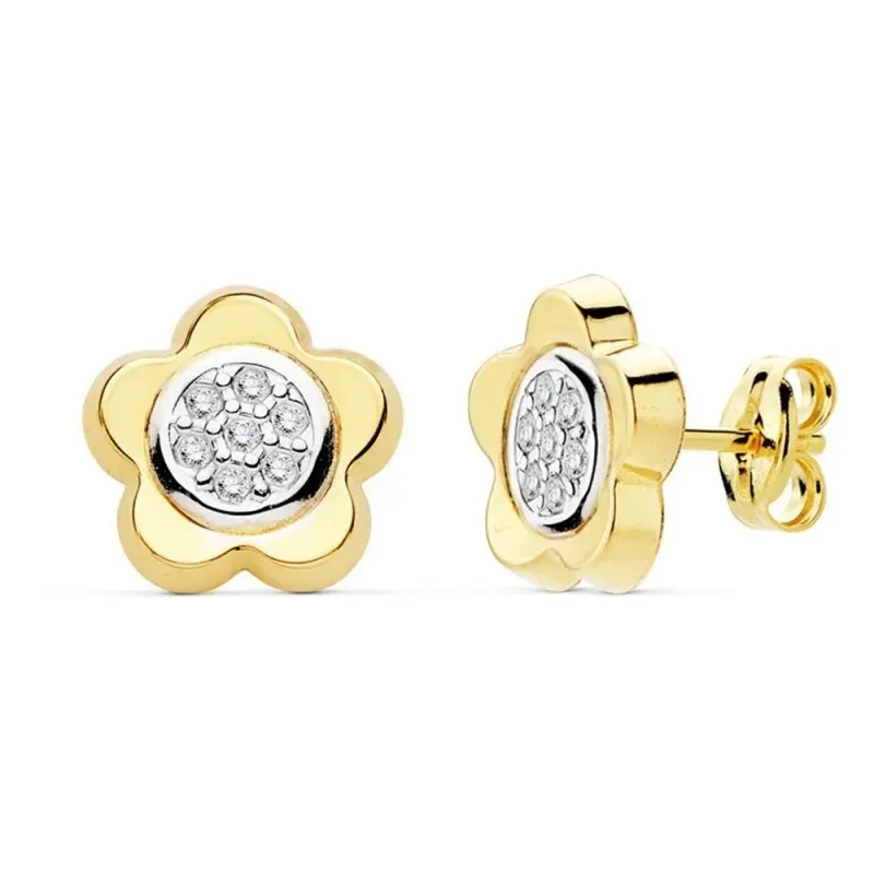 Pendientes oro 18k bicolor 10mm. flor circonitas [AB8871]