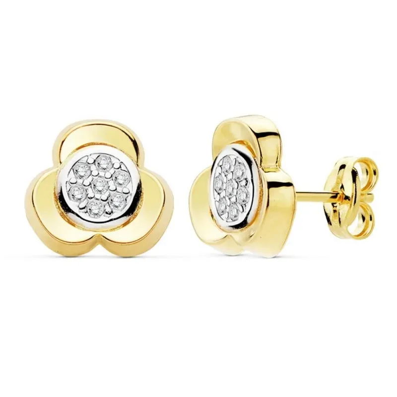 Pendientes oro 18k bicolor 10mm. trébol circonitas [AB8872]